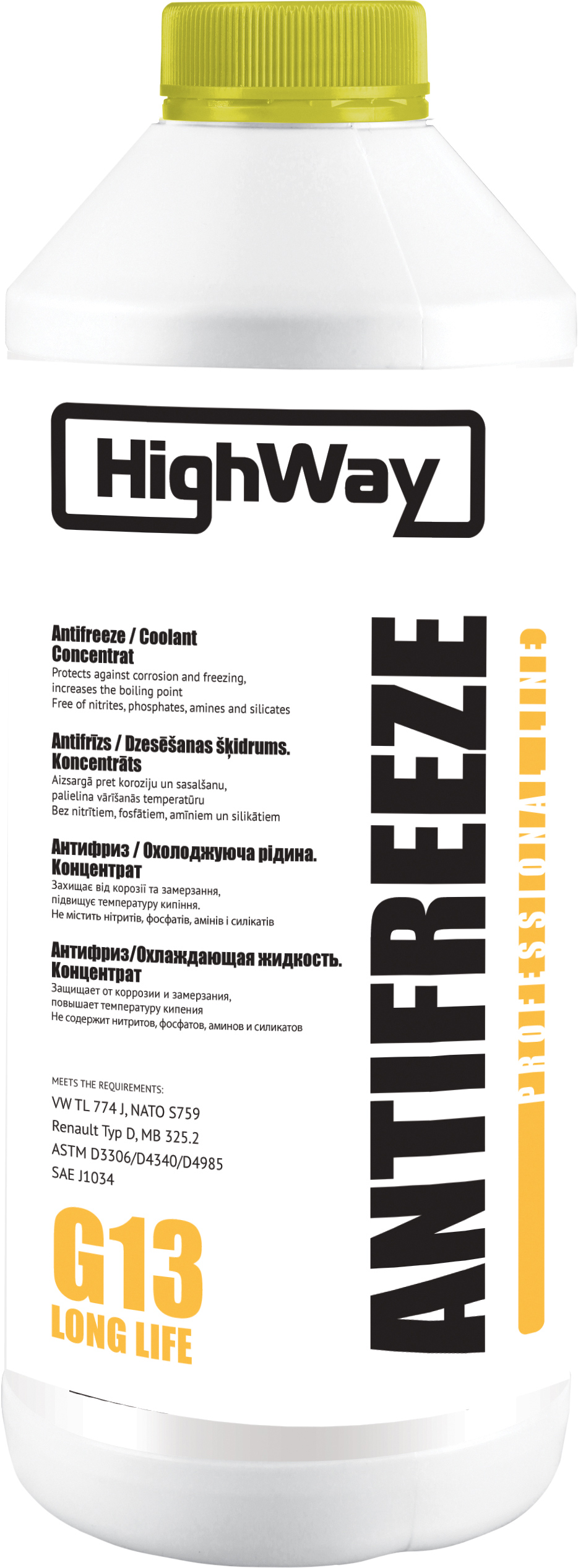 Охолоджувальна рідина HIGH WAY G13, концентрат, жовтий, 1,5 л (10025)
